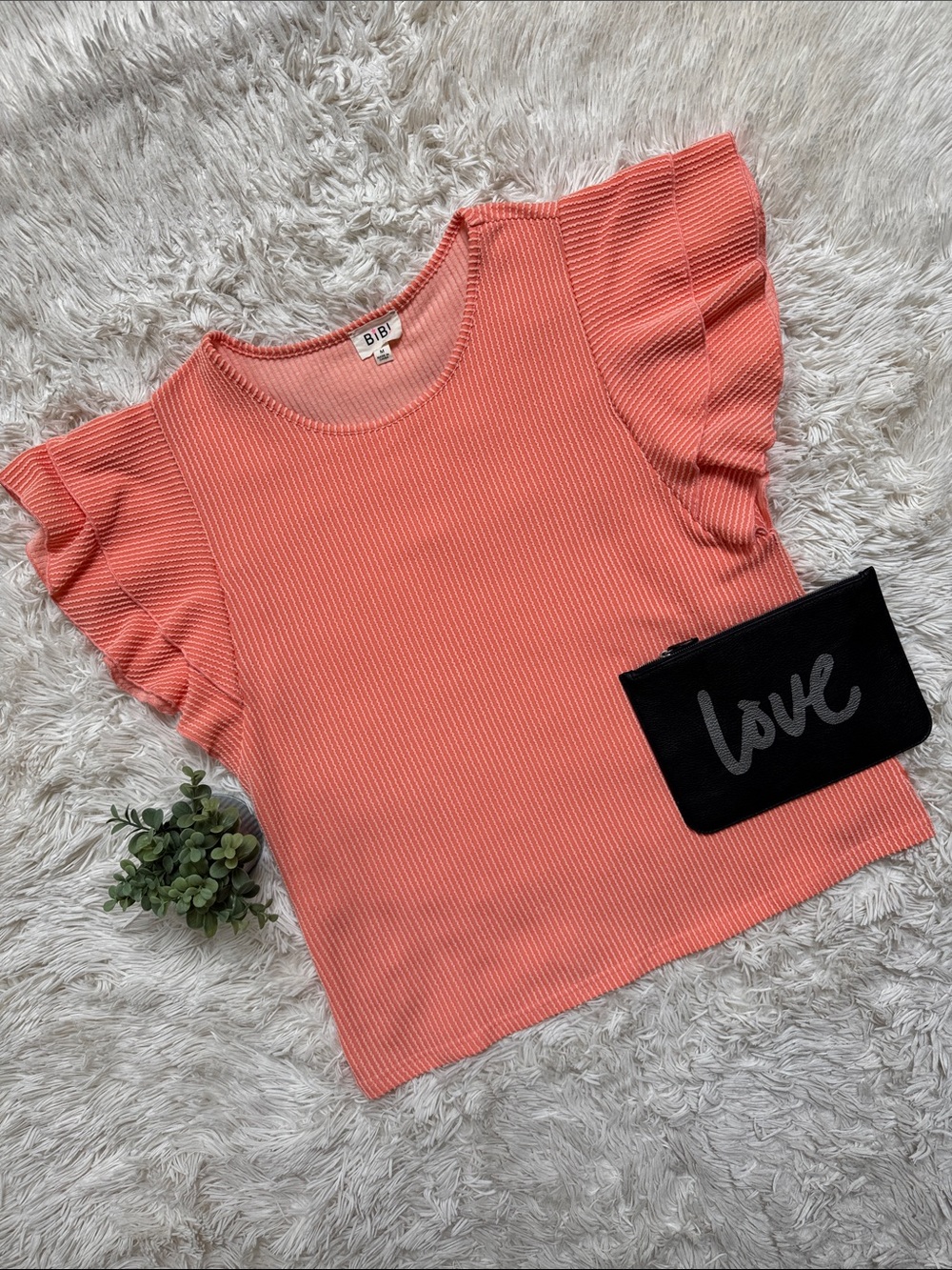 BiBi Raised Ribbed Flutter Sleeve Top 💗 Coral